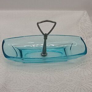 Hazel Atlas CAPRI BLUE Glass Relish Candy Nut Rectangle Serving Tray w/Handle
